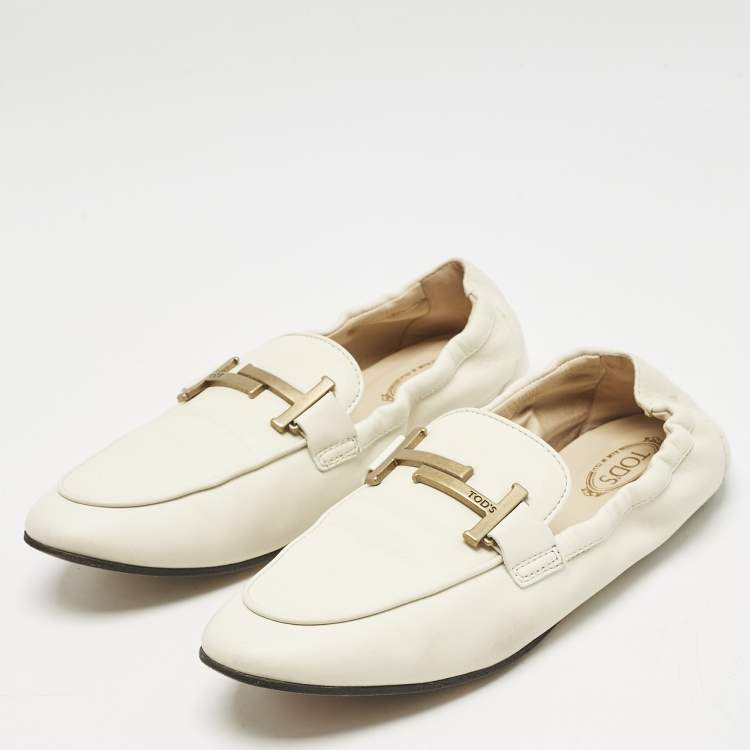 Pre Owned Tod's Cream Leather Double T Loafers Size 37.5