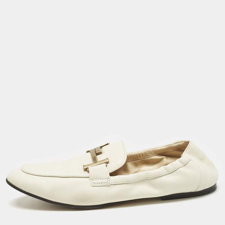 Pre Owned Tod's Cream Leather Double T Loafers Size 37.5