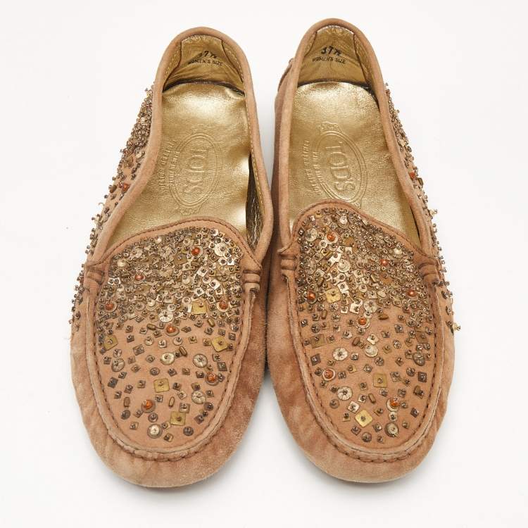 Pre Owned Tod's Brown Suede Crystal Embellished Driver Loafers Size 37.5