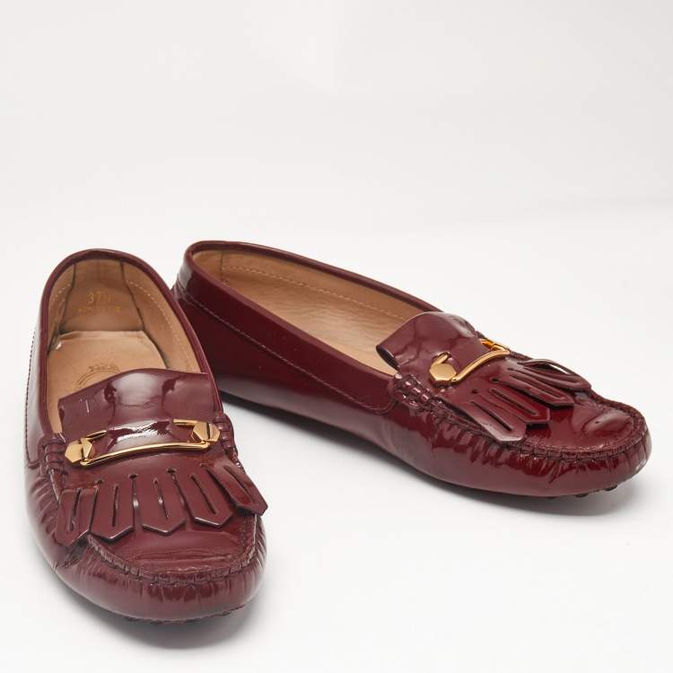Pre Owned Tod's Burgundy Patent Leather Safety Pin Detail Fringe Loafers Size 37.5