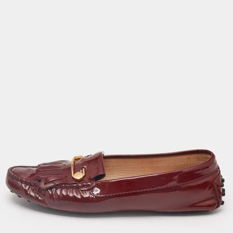 Pre Owned Tod's Burgundy Patent Leather Safety Pin Detail Fringe Loafers Size 37.5