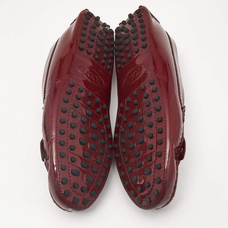 Pre Owned Tod's Burgundy Patent Leather Safety Pin Detail Fringe Loafers Size 37.5