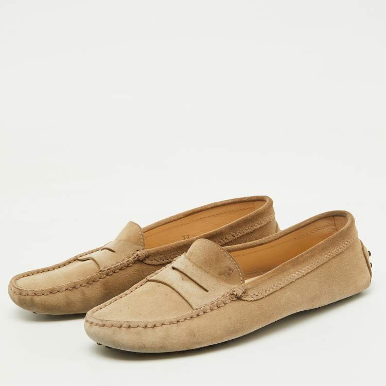 Pre Owned Tod's Beige Suede Gommino Slip On Driving Loafers Size 37