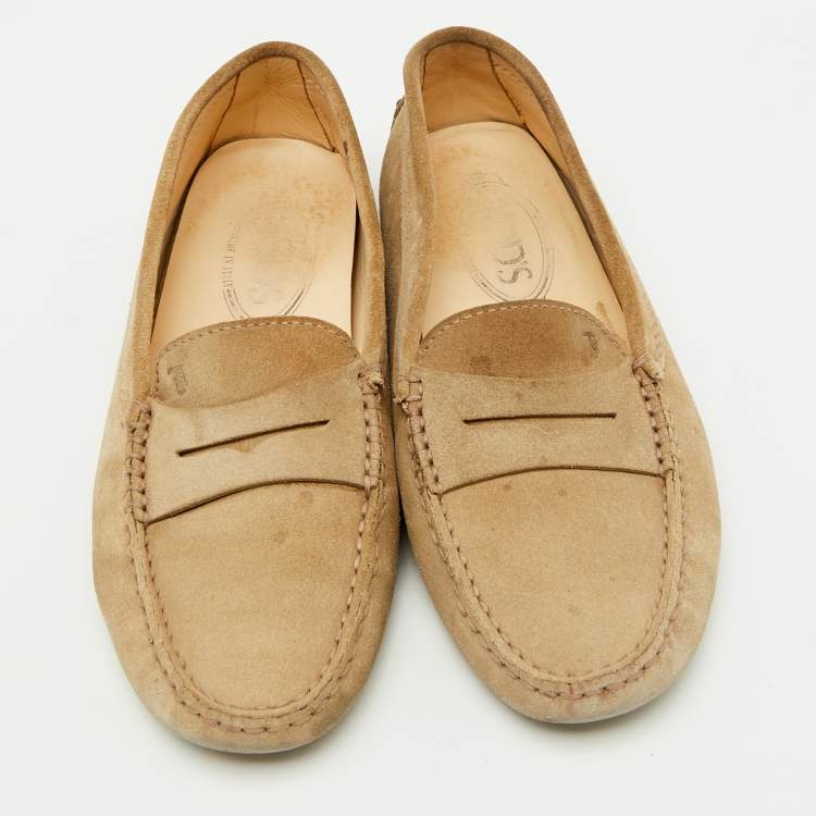 Pre Owned Tod's Beige Suede Gommino Slip On Driving Loafers Size 37