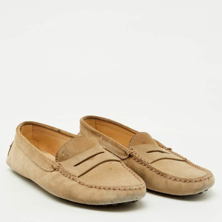 Pre Owned Tod's Beige Suede Gommino Slip On Driving Loafers Size 37