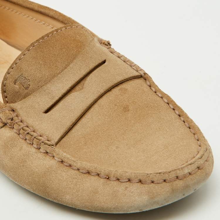Pre Owned Tod's Beige Suede Gommino Slip On Driving Loafers Size 37
