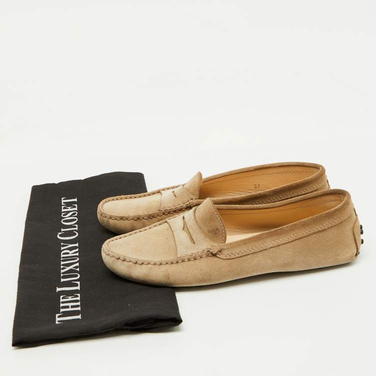 Pre Owned Tod's Beige Suede Gommino Slip On Driving Loafers Size 37