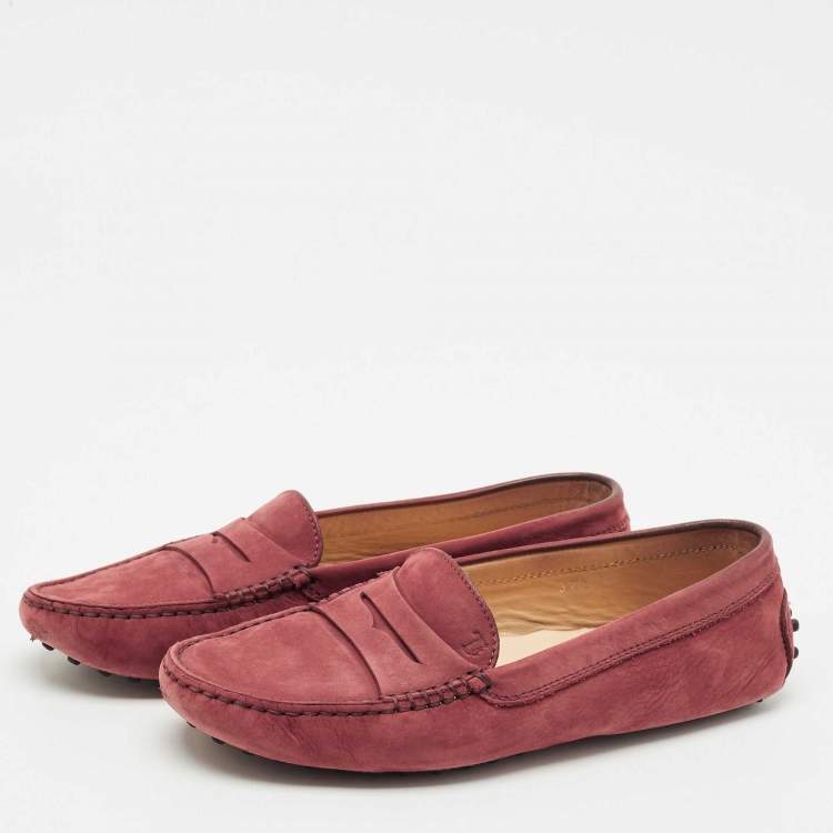 Pre Owned Tod's Burgundy Nubuck Leather Loafers Size 37.5