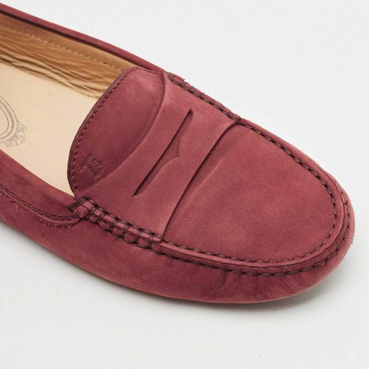 Pre Owned Tod's Burgundy Nubuck Leather Loafers Size 37.5