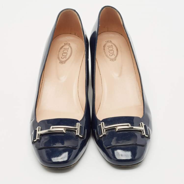 Pre Owned Tod's Navy Blue Patent Leather Block Heel Loafer Pumps Size 39.5