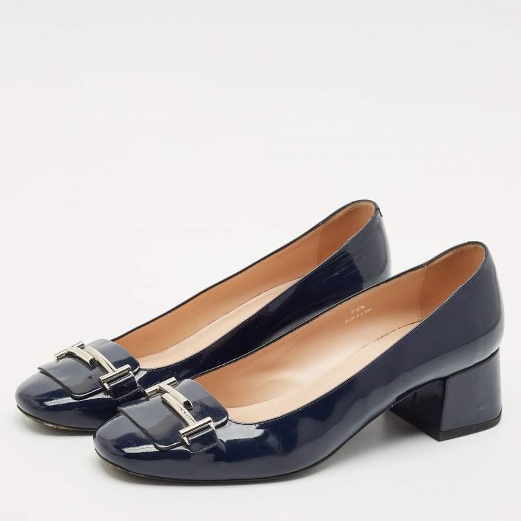 Pre Owned Tod's Navy Blue Patent Leather Block Heel Loafer Pumps Size 39.5
