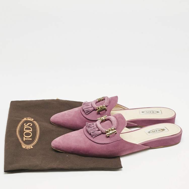 Pre Owned Tod's Purple Nubuck Leather Tassel Detail Mules Size 39.5