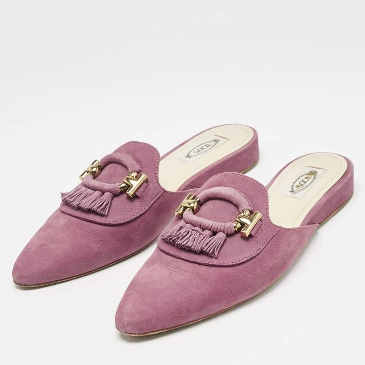 Pre Owned Tod's Purple Nubuck Leather Tassel Detail Mules Size 39.5