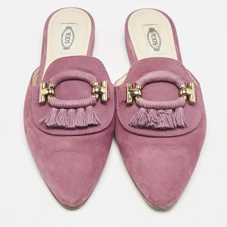 Pre Owned Tod's Purple Nubuck Leather Tassel Detail Mules Size 39.5