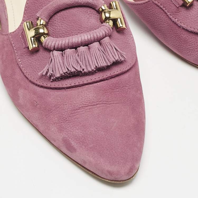 Pre Owned Tod's Purple Nubuck Leather Tassel Detail Mules Size 39.5
