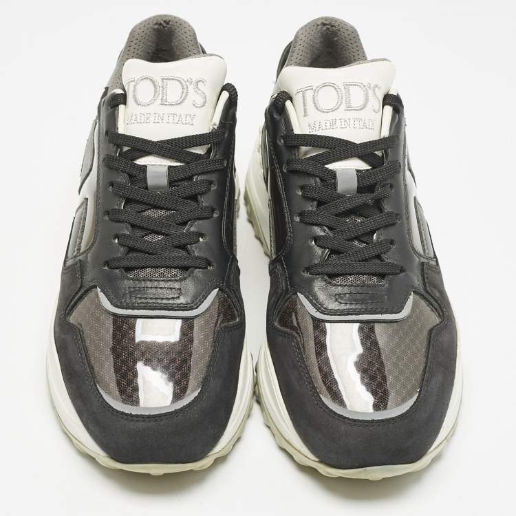 Pre Owned Tod's Black/Grey Perforated Leather and Patent Low Top Sneakers Size 39.5