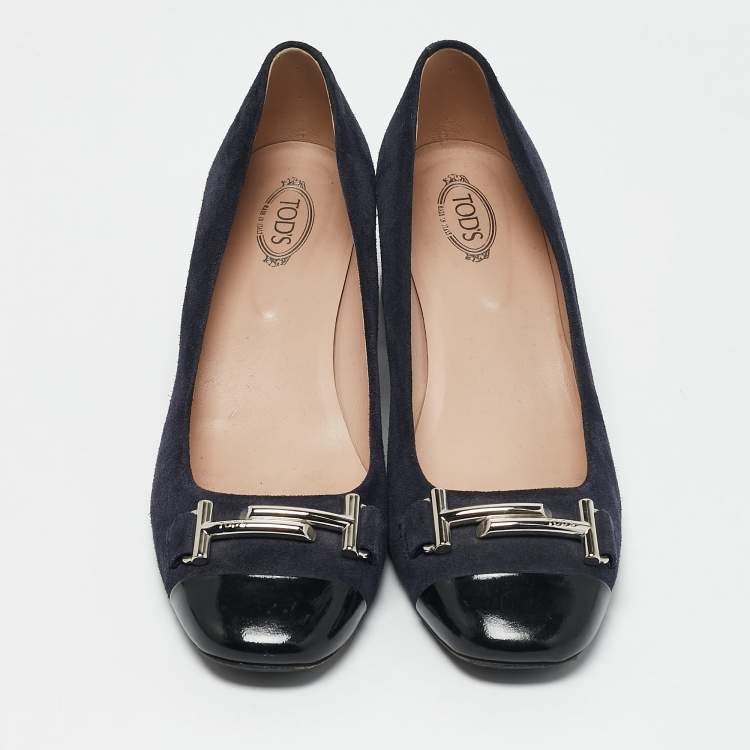 Pre Owned Tod's Navy Blue/Black Suede and Leather Double T Court Loafer Pumps Size 39.5