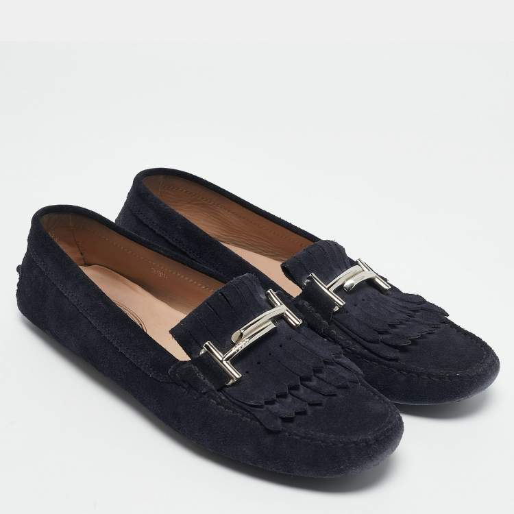 Pre Owned Tod's Navy Blue Suede Bit Fringe Loafers Size 39,5