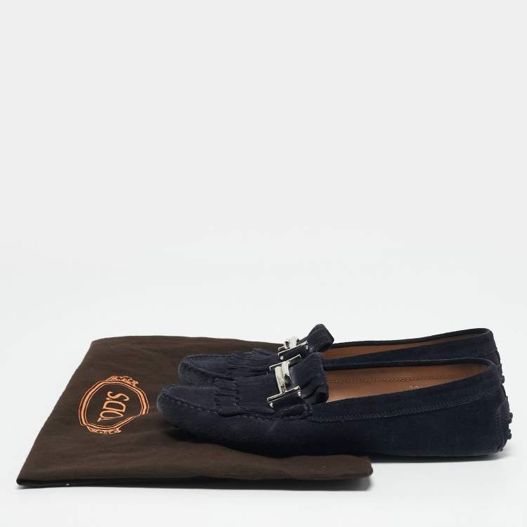 Pre Owned Tod's Navy Blue Suede Bit Fringe Loafers Size 39,5