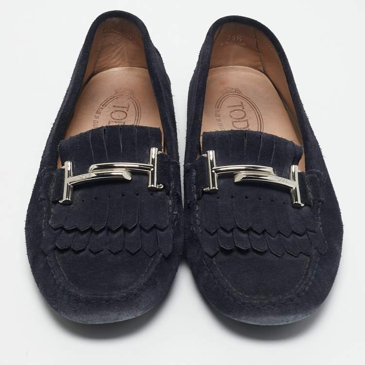 Pre Owned Tod's Navy Blue Suede Bit Fringe Loafers Size 39,5