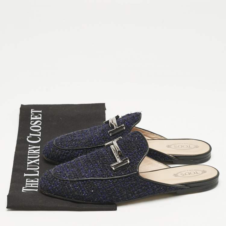 Pre Owned Tod's Navy Blue/Black Tweed and Leather Double T Flat Mules Size 37