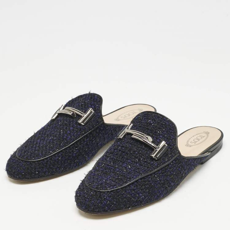 Pre Owned Tod's Navy Blue/Black Tweed and Leather Double T Flat Mules Size 37