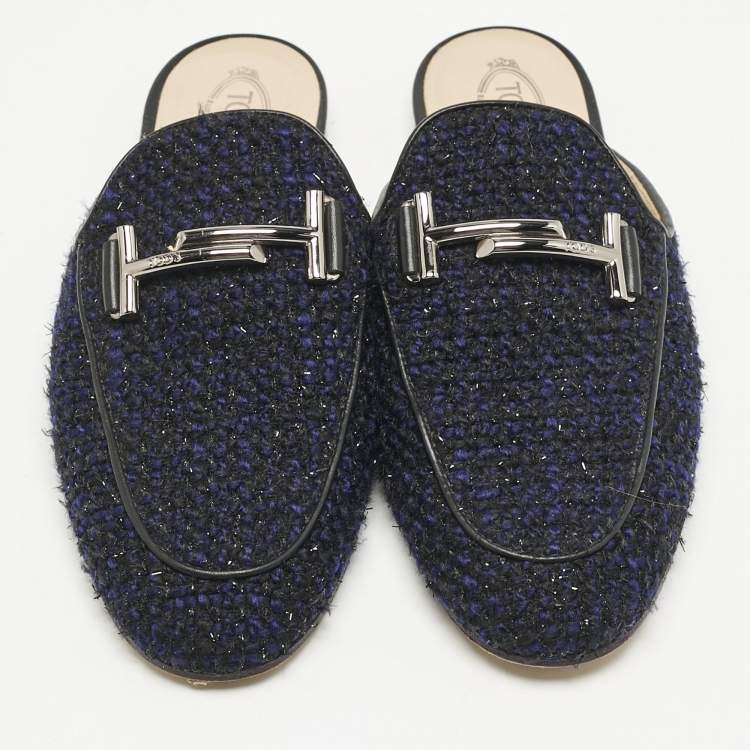 Pre Owned Tod's Navy Blue/Black Tweed and Leather Double T Flat Mules Size 37