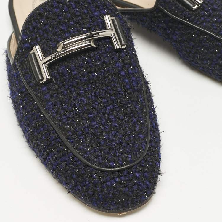 Pre Owned Tod's Navy Blue/Black Tweed and Leather Double T Flat Mules Size 37