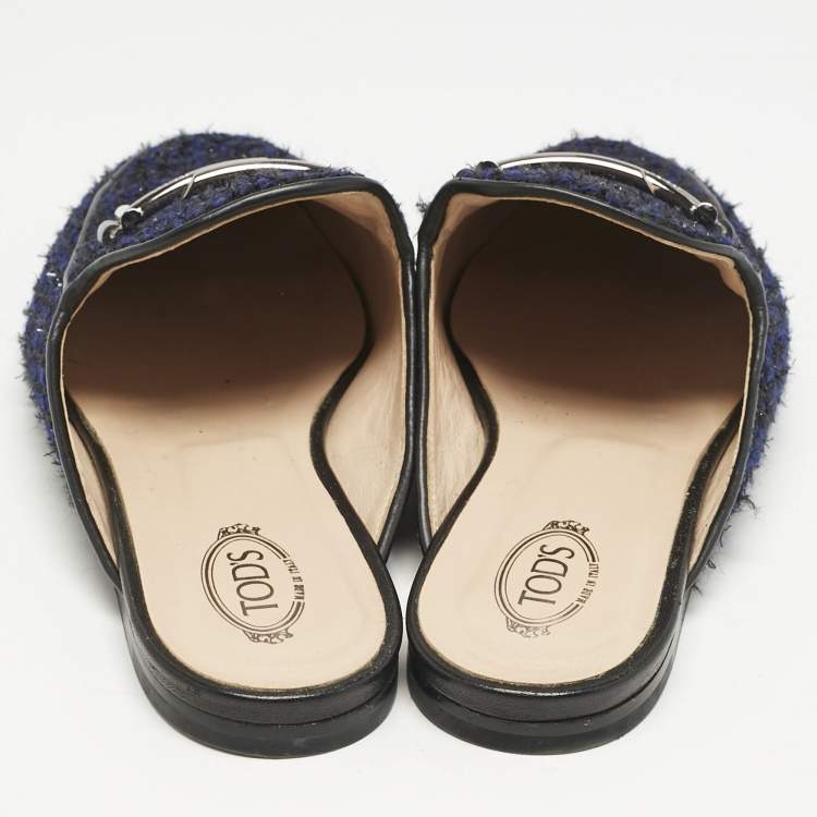Pre Owned Tod's Navy Blue/Black Tweed and Leather Double T Flat Mules Size 37