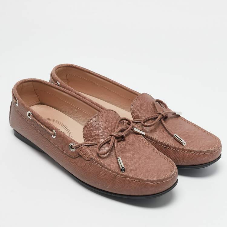 Pre Owned Tod's Blush Pink Leather Bow Loafers Size 39.5
