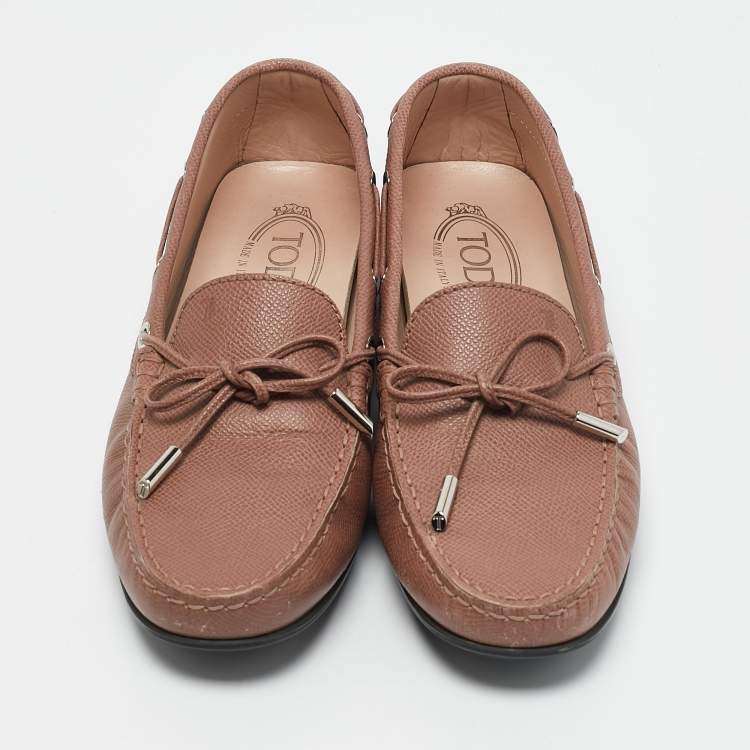 Pre Owned Tod's Blush Pink Leather Bow Loafers Size 39.5