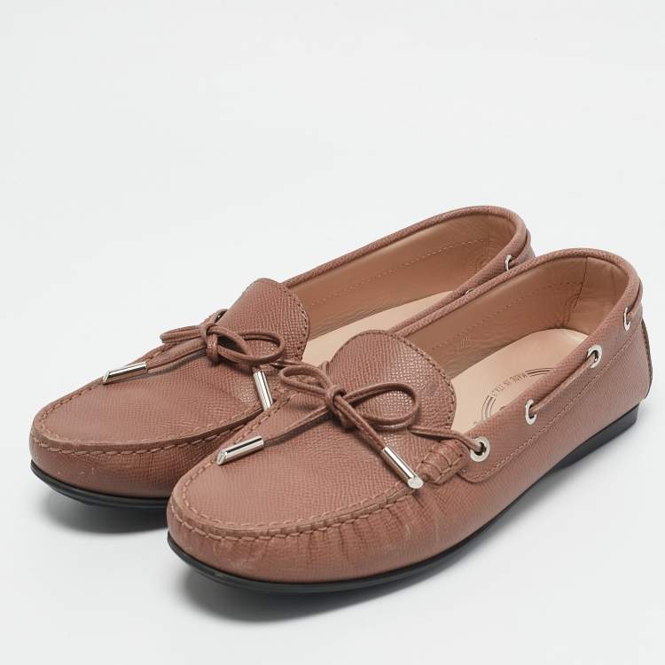 Pre Owned Tod's Blush Pink Leather Bow Loafers Size 39.5