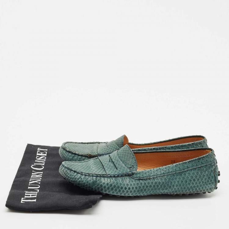 Pre Owned Tod's Green Python Leather Slip On Loafers Size 38