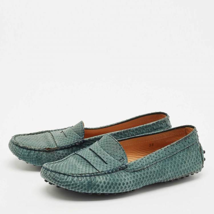 Pre Owned Tod's Green Python Leather Slip On Loafers Size 38