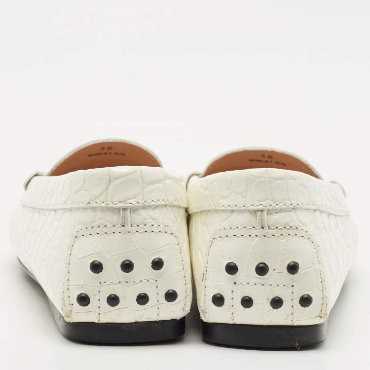 Pre Owned Tod's White Croc Embossed Leather Penny Slip On Loafers Size 38