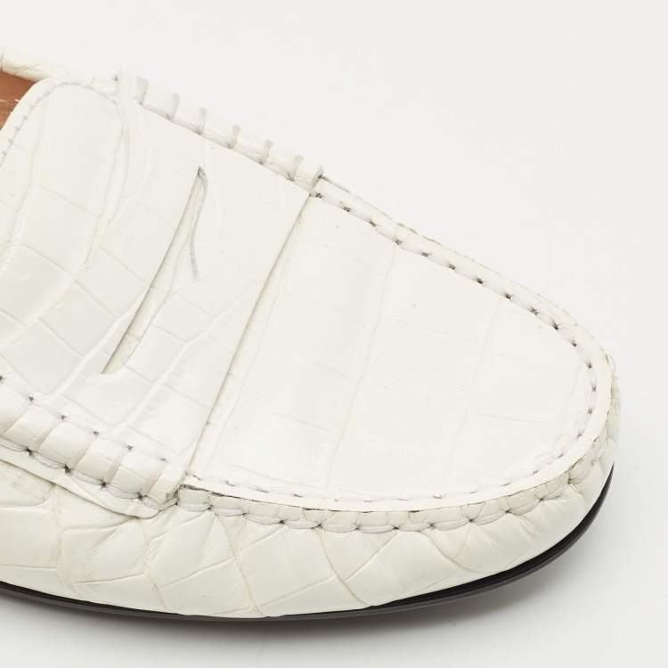 Pre Owned Tod's White Croc Embossed Leather Penny Slip On Loafers Size 38