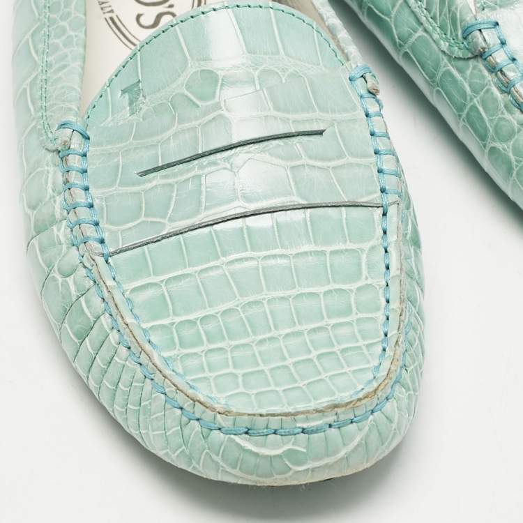 Pre Owned Tod's Seafoam Green Croc Embossed Leather Slip On Loafers Size 38
