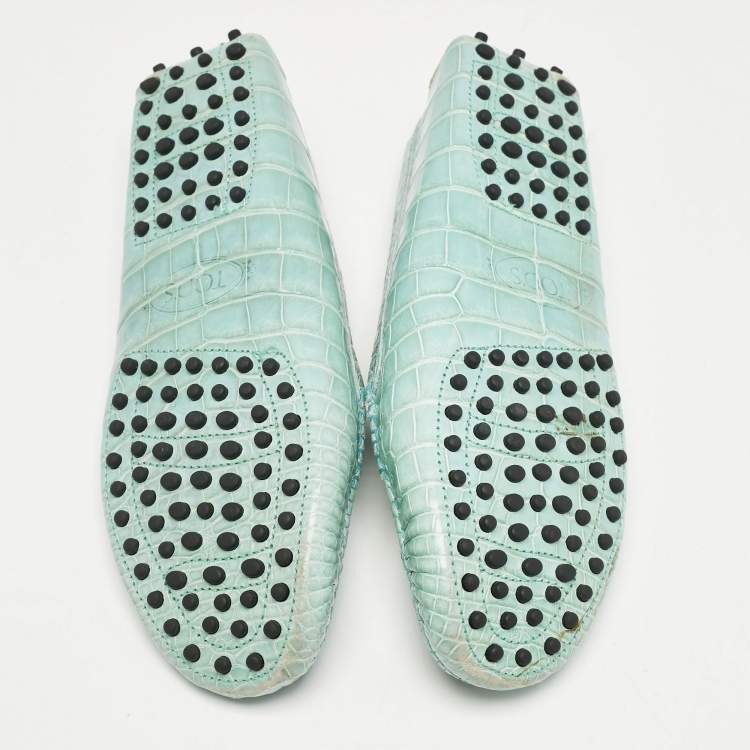 Pre Owned Tod's Seafoam Green Croc Embossed Leather Slip On Loafers Size 38