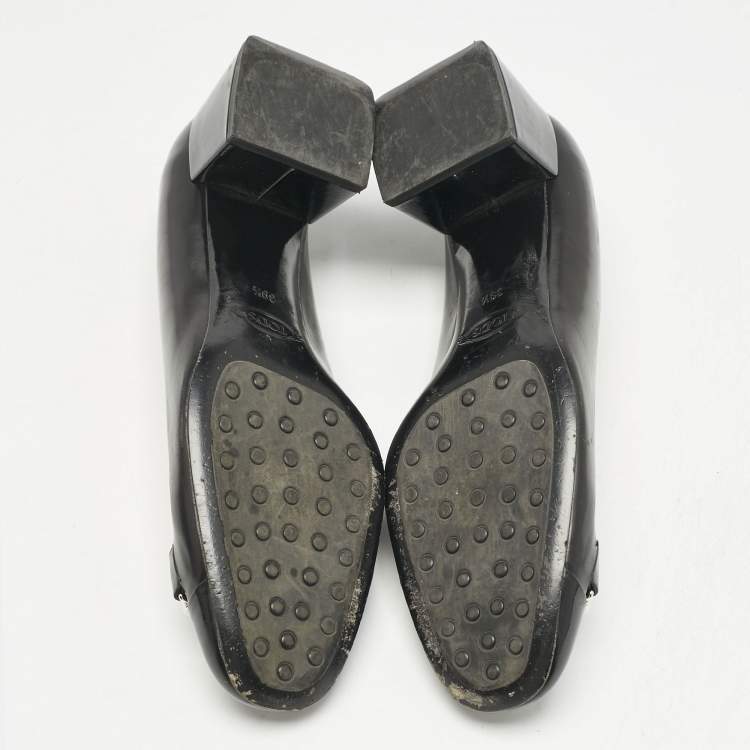 Pre Owned Tod's Black Leather Double T Court Loafer Pumps Size 39.5
