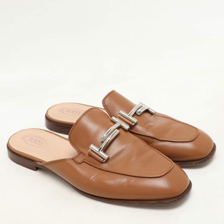 Pre Owned Tod's Brown Leather Double T Flat Mules Size 38.5