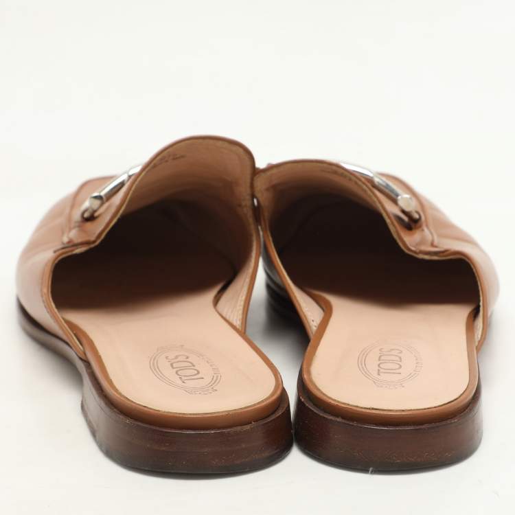 Pre Owned Tod's Brown Leather Double T Flat Mules Size 38.5