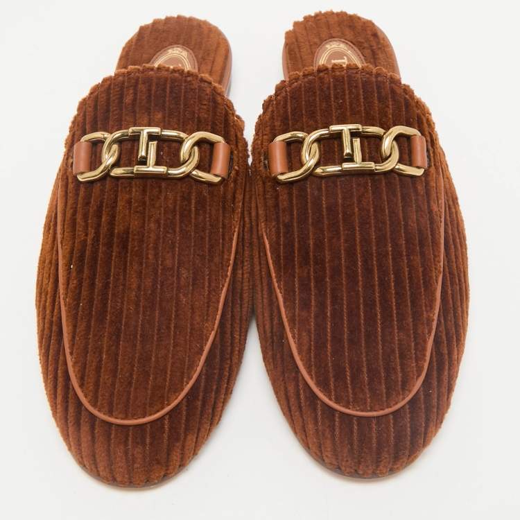 Pre Owned Tod's Brown Corduroy Fabric Chain Detail Flat Mules Size 37.5