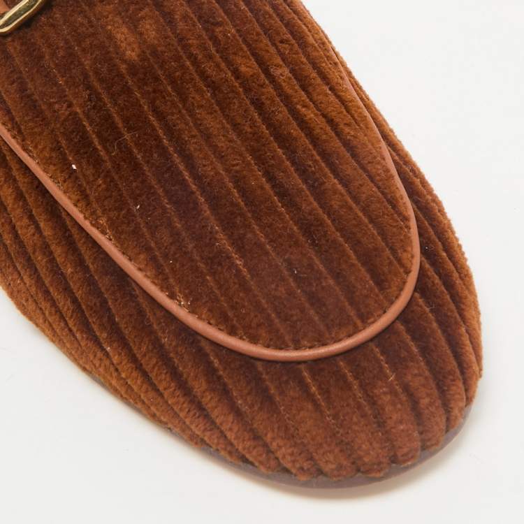 Pre Owned Tod's Brown Corduroy Fabric Chain Detail Flat Mules Size 37.5