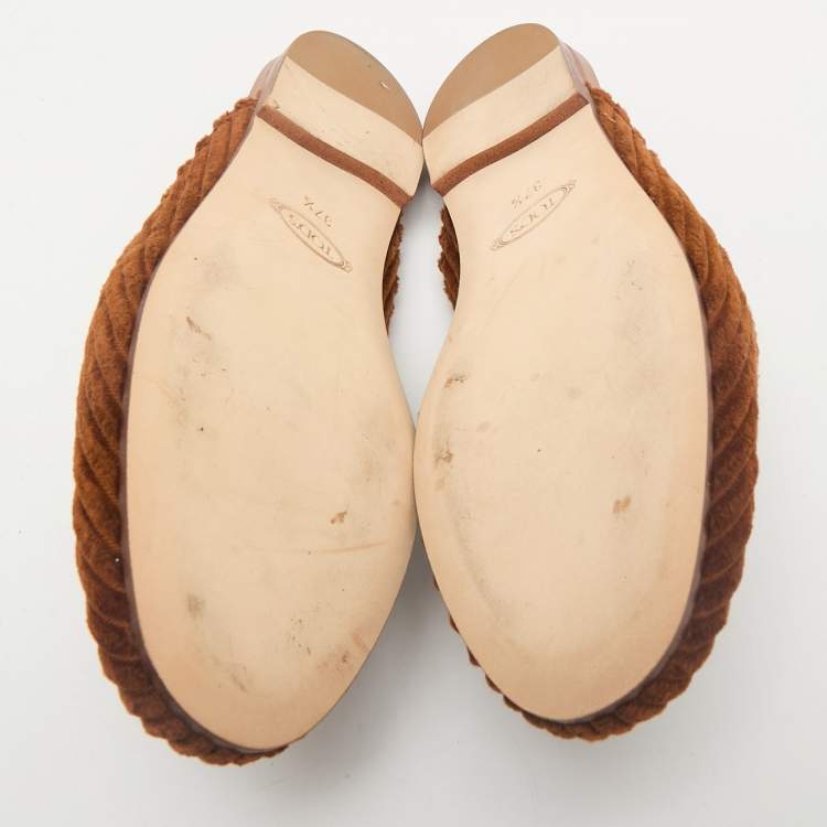 Pre Owned Tod's Brown Corduroy Fabric Chain Detail Flat Mules Size 37.5