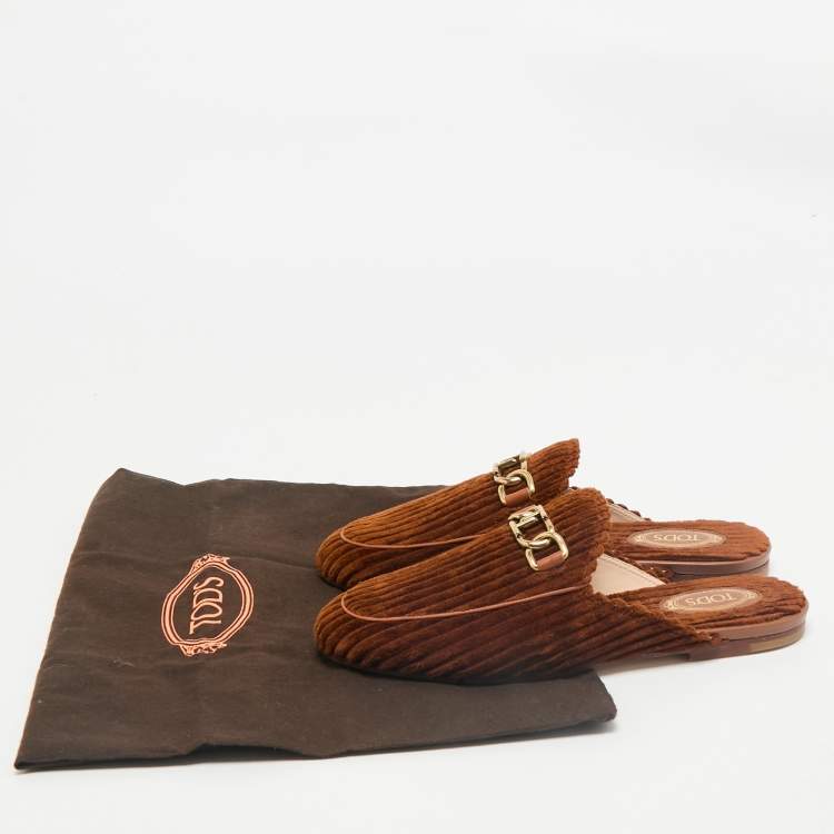 Pre Owned Tod's Brown Corduroy Fabric Chain Detail Flat Mules Size 37.5
