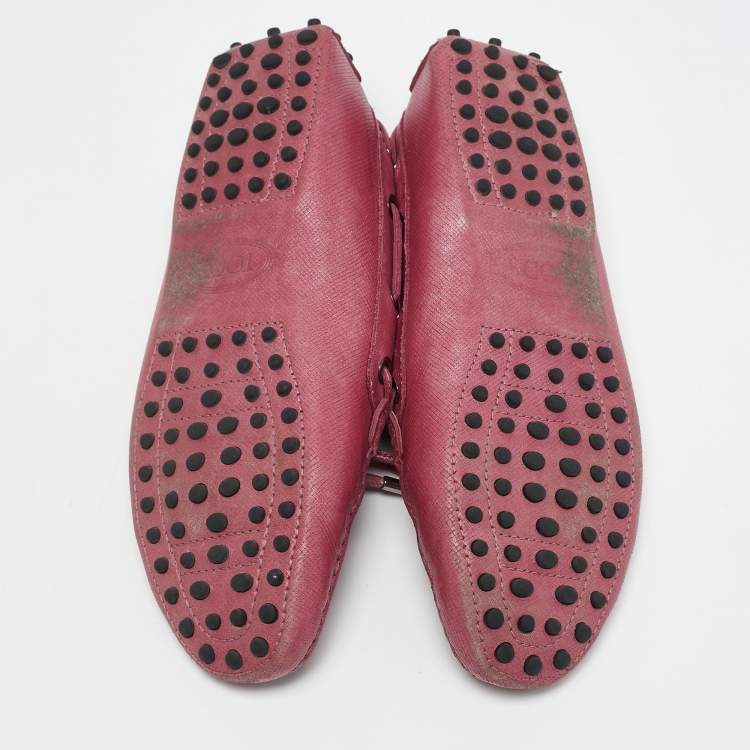 Pre Owned Tod's Metallic Pink Leather Bow Slip On Loafers Size 38