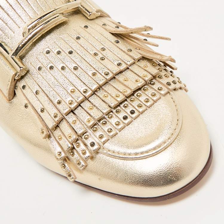 Pre Owned Tod's Gold Metallic Leather Double T Studded Fringe Flat Mules Size 37.5