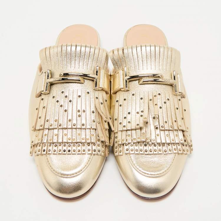Pre Owned Tod's Gold Metallic Leather Double T Studded Fringe Flat Mules Size 37.5