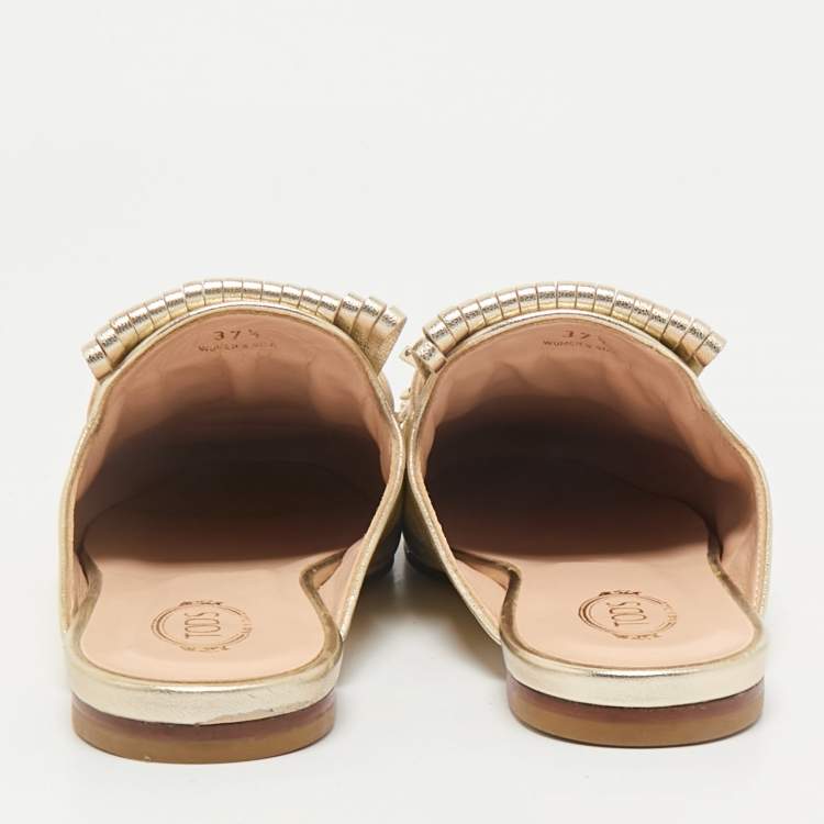 Pre Owned Tod's Gold Metallic Leather Double T Studded Fringe Flat Mules Size 37.5