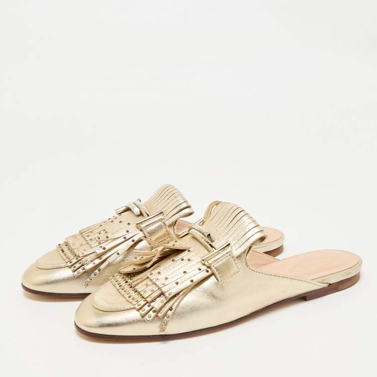 Pre Owned Tod's Gold Metallic Leather Double T Studded Fringe Flat Mules Size 37.5